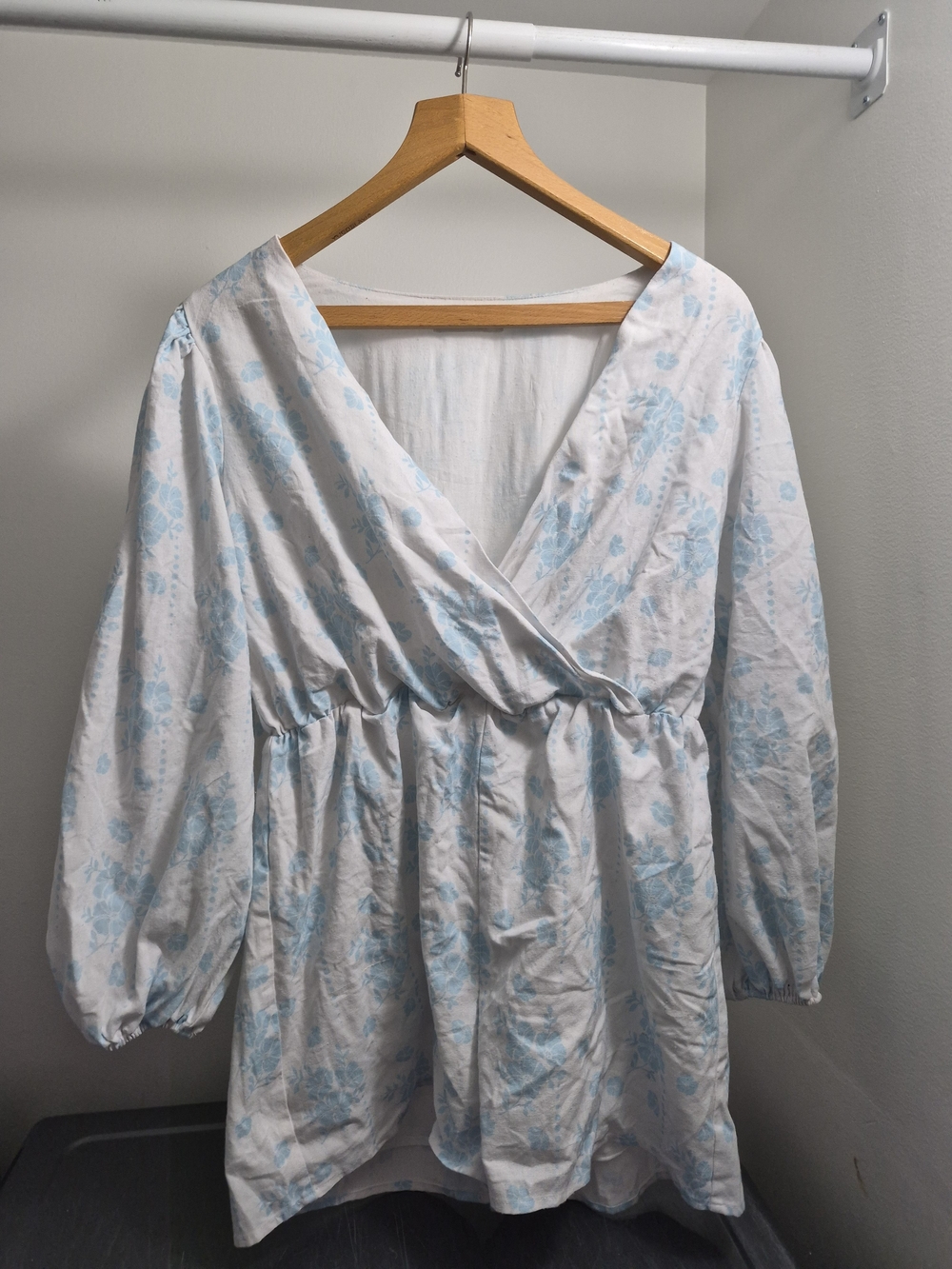 Glamorous White Wrap Romper with Light Blue Floral Print